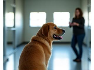 Dog performing a 'stay' command attentively